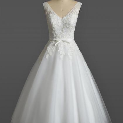 White Ivory Short Wedding Dress V Neck Tea Length,..
