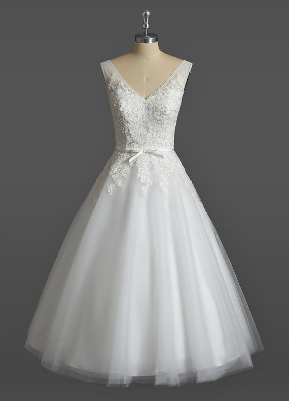 White Ivory Short Wedding Dress V Neck Tea Length, A Line Bridal Dress Wedding Gown Custom Made