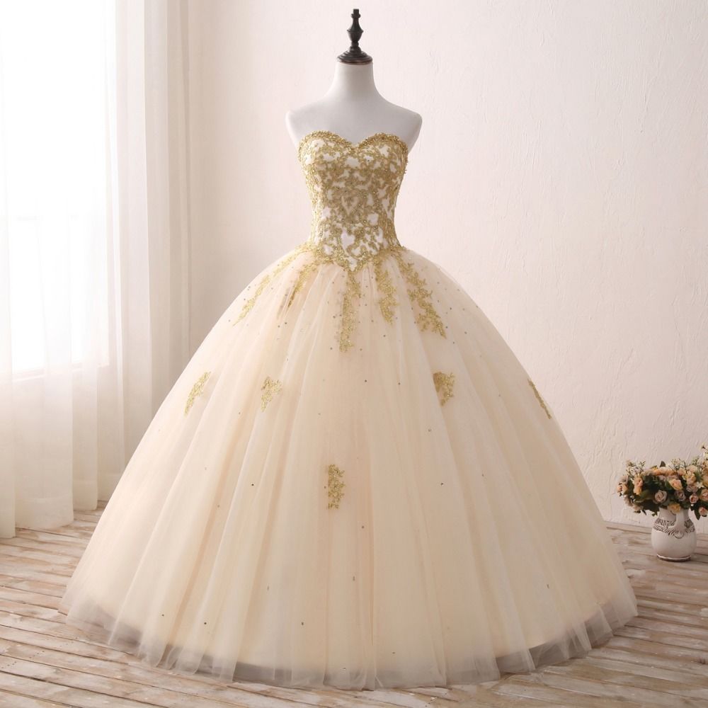 Sweetheart Neckline Tulle Ballgown With Gold Applique